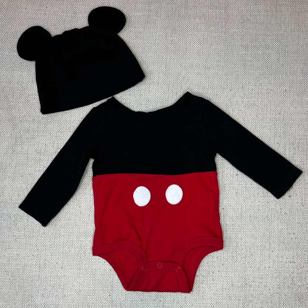 Mickey Mouse long sleeve onesie/ bodysuit with matching hat. Worn a few times